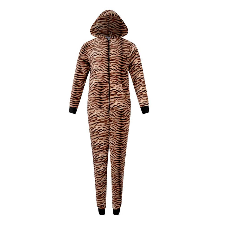René Rofé Hooded Plush Pajama Jumpsuit (Zip Up Onesie) in Brown Tiger