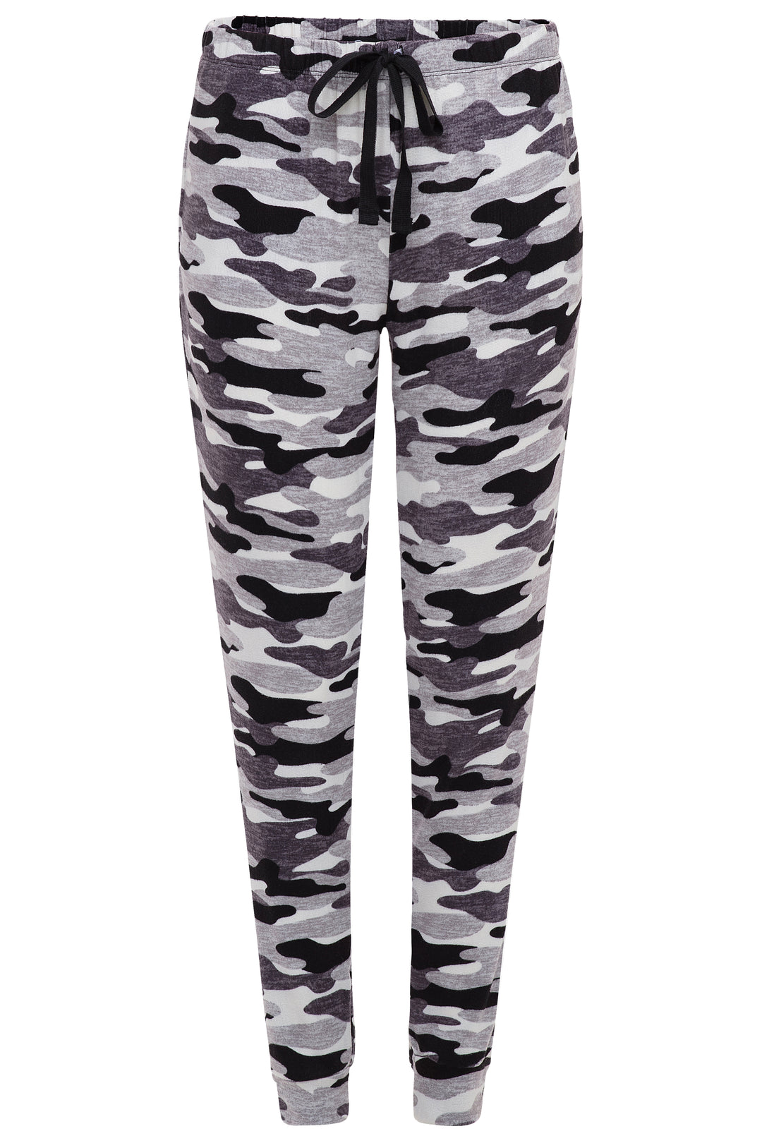Black camo patterned pants as part of the 2 Pack René Rofé Lightweight Hacci Jogger Pajama Pants in Black and Pink Camo pattern