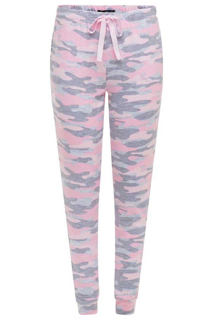 Pink camo patterned pants as part of the 2 Pack René Rofé Lightweight Hacci Jogger Pajama Pants in Black and Pink Camo pattern