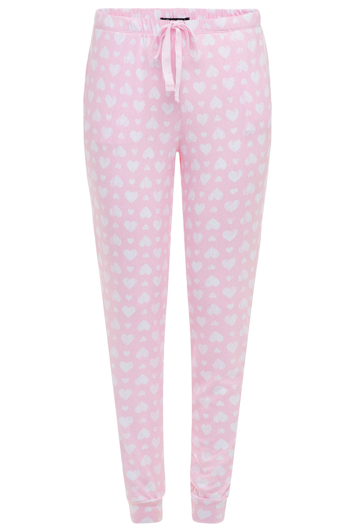 Hearts patterned pink pants as part of the 2 Pack René Rofé Lightweight Hacci Jogger Pajama Pants in Hearts and Animal pattern