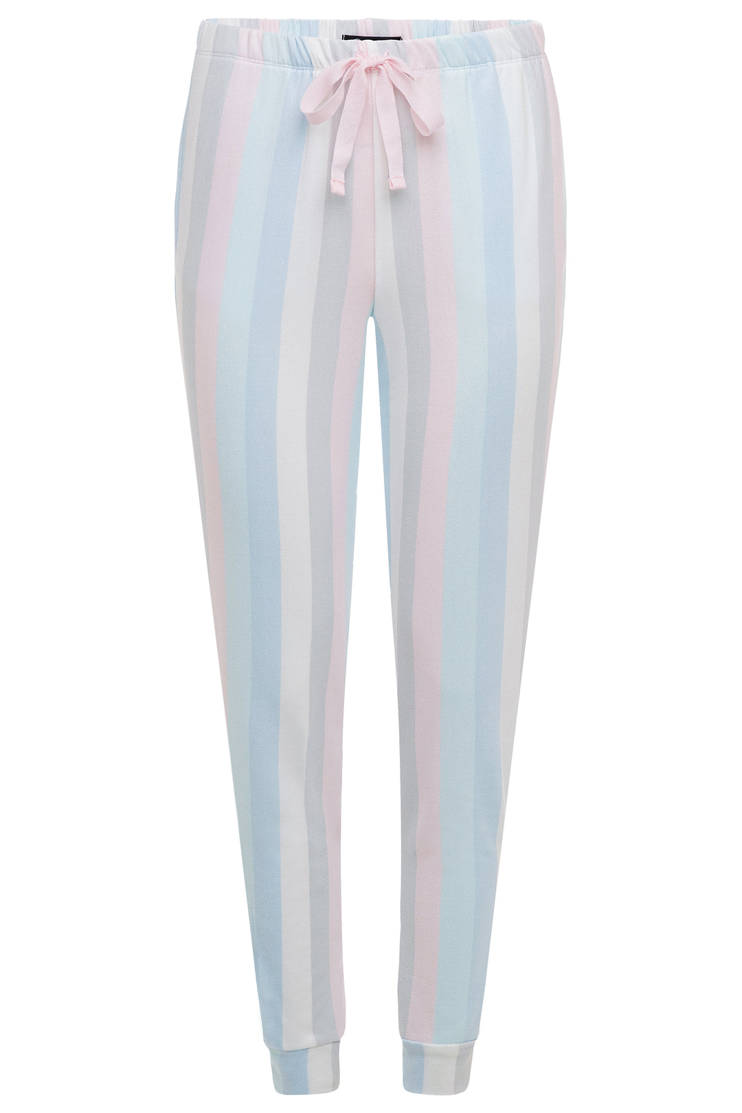 Pink and blue stripes patterned pants as part of the 2 Pack René Rofé Lightweight Hacci Jogger Pajama Pants in Pink and Blue Stripes pattern