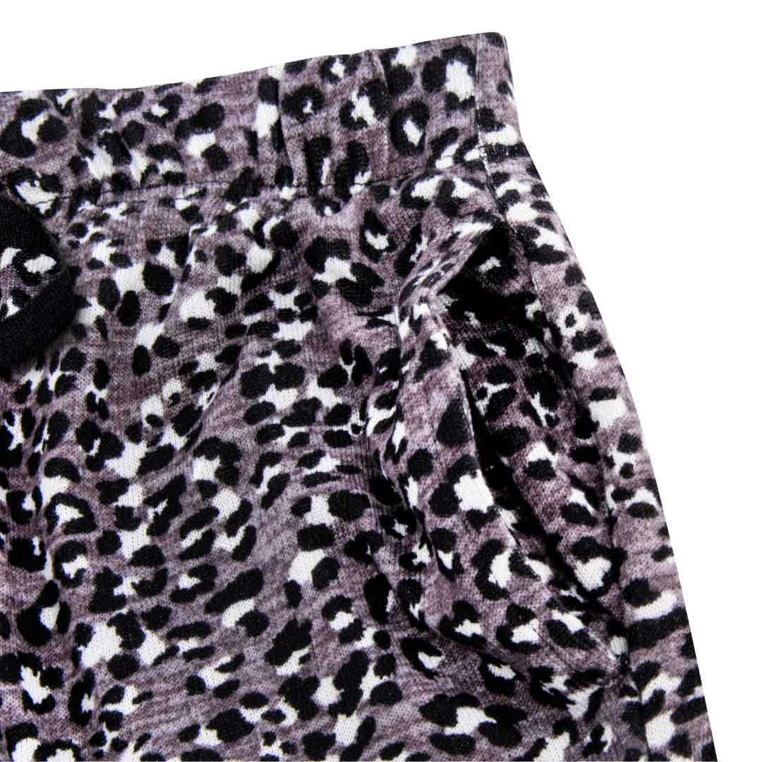 Close up view of  the Black Leopard patterned pants pocket as part of the 2 Pack René Rofé Lightweight Hacci Jogger Pajama Pants in Black Leopard and Black Stripes pattern