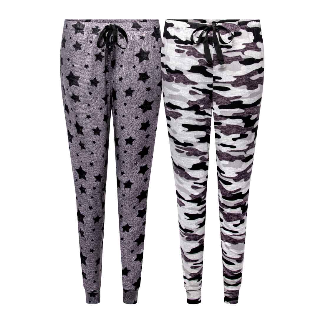 Shop the 2 Pack René Rofé Lightweight Hacci Jogger Pajama Pants in Grey Stars and Black Camo pattern