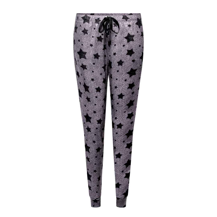 Grey Stars patterned pants as part of the 2 Pack René Rofé Lightweight Hacci Jogger Pajama Pants in Grey Stars and Black Camo pattern