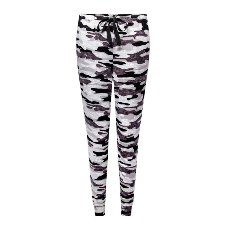 Black Camo patterned pants as part of the 2 Pack René Rofé Lightweight Hacci Jogger Pajama Pants in Grey Stars and Black Camo pattern