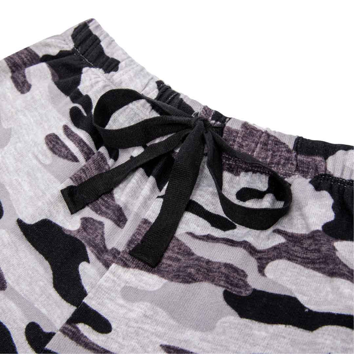 Close up view of the Black Camo patterned pants drawstring as part of the 2 Pack René Rofé Lightweight Hacci Jogger Pajama Pants in Grey Stars and Black Camo pattern
