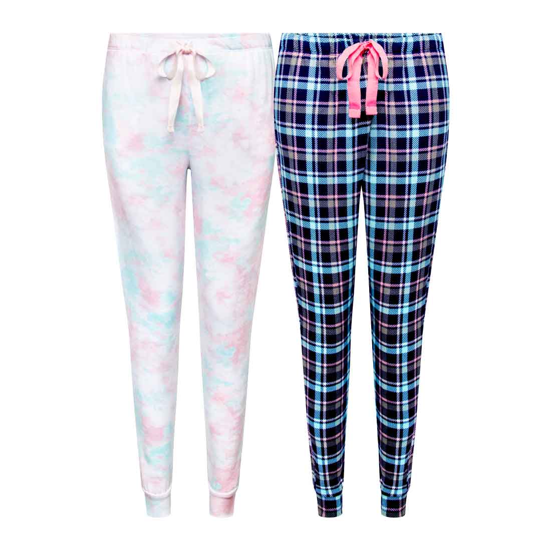 Shop the 2 Pack René Rofé Lightweight Hacci Jogger Pajama Pants in Pink Tie Dye and Blue Plaid pattern