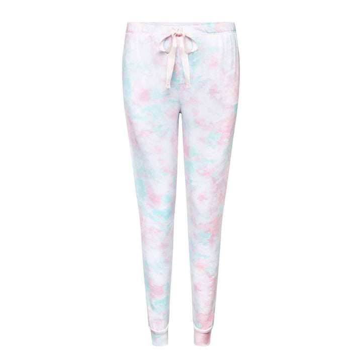 Pink Tie Dye as part of the 2 Pack René Rofé Lightweight Hacci Jogger Pajama Pants in Grey Stars and Black Camo pattern
