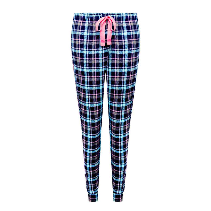Blue Plaid patterned pants as part of the 2 Pack René Rofé Lightweight Hacci Jogger Pajama Pants in Grey Stars and Black Camo pattern