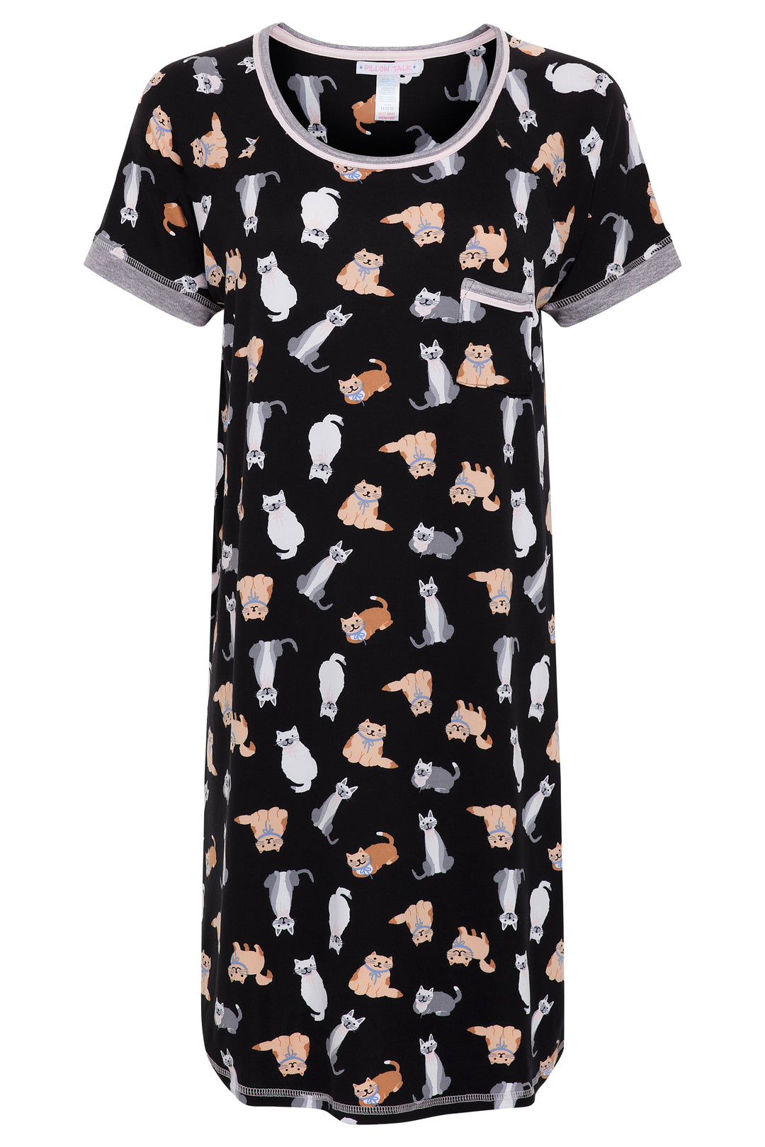 Cats patterned black sleep shirt as part of the René Rofé 2 Pack Soft Lightweight Sleep Shirt in Cats and Owls pattern