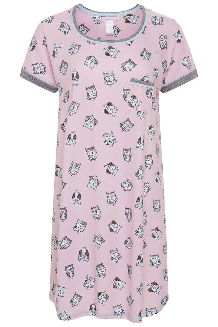 Owl patterned pink sleep shirt as part of the René Rofé 2 Pack Soft Lightweight Sleep Shirt in Cats and Owls pattern