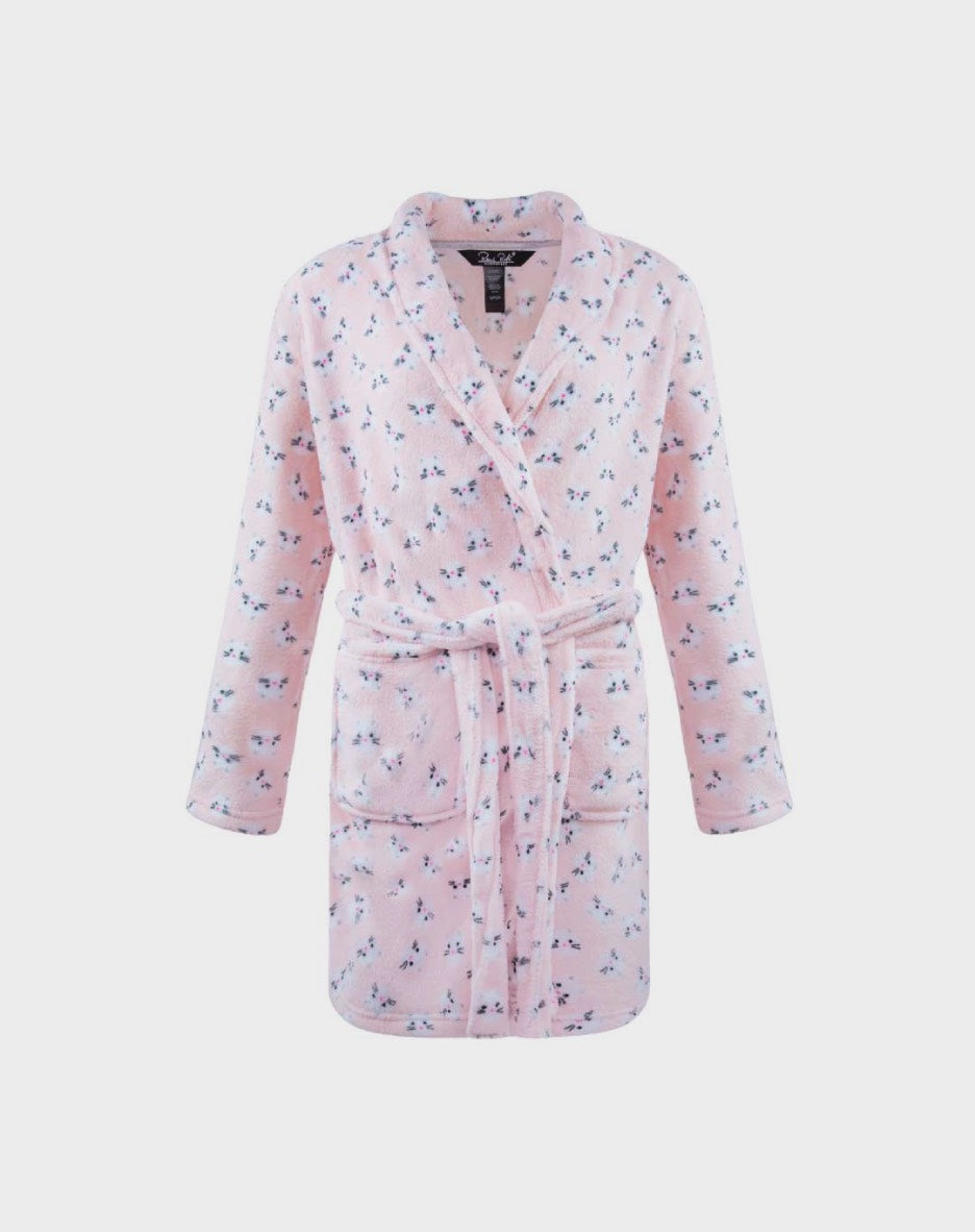 36 Inch Plush Robe — White Cats On Pink
