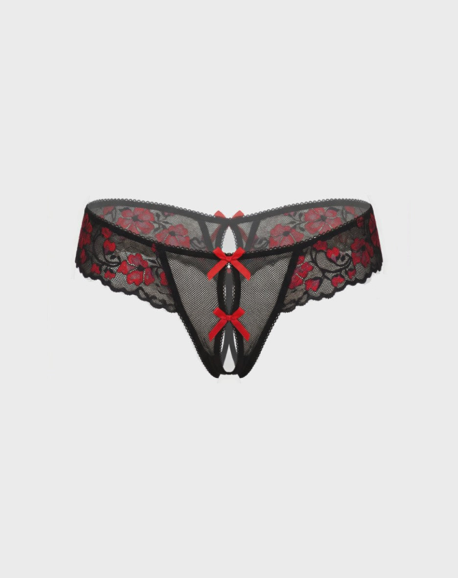 Crotchless Floral Lace Thong with Bows