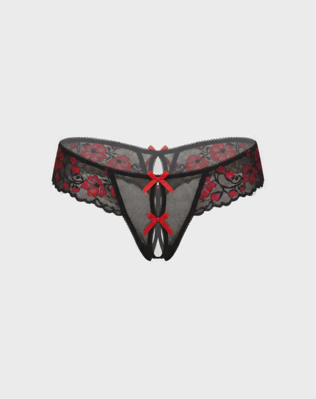 Crotchless Floral Lace Thong with Bows