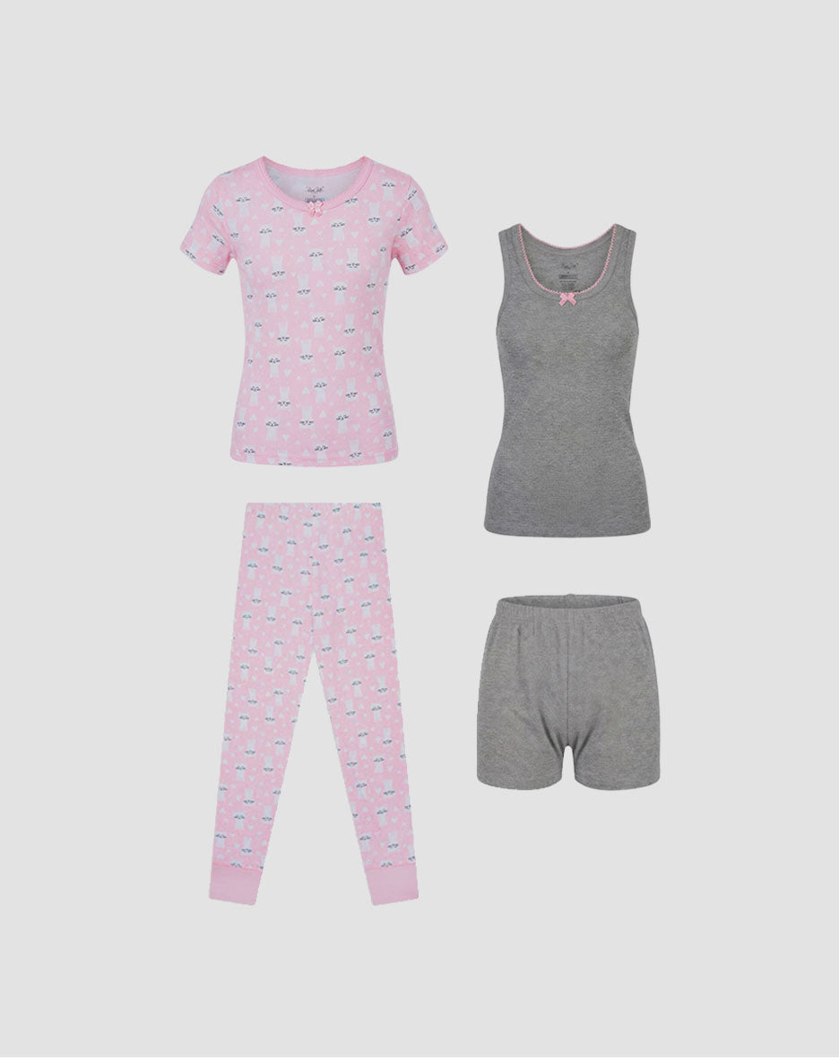 Girls Cotton Snug Fit Pajama Pant and Short Set