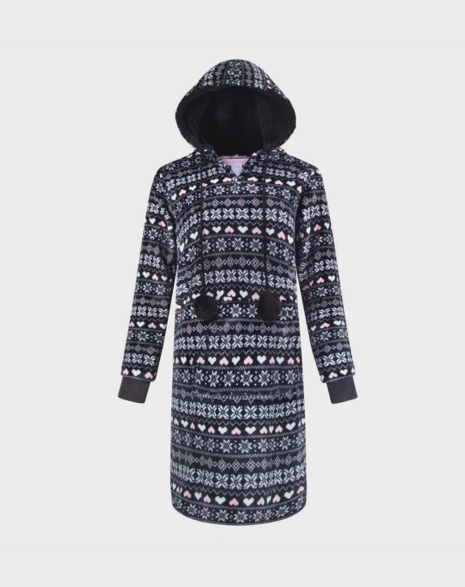 Hoodie Fleece Pajama Sleepshirt Nightgown with Pom Poms
