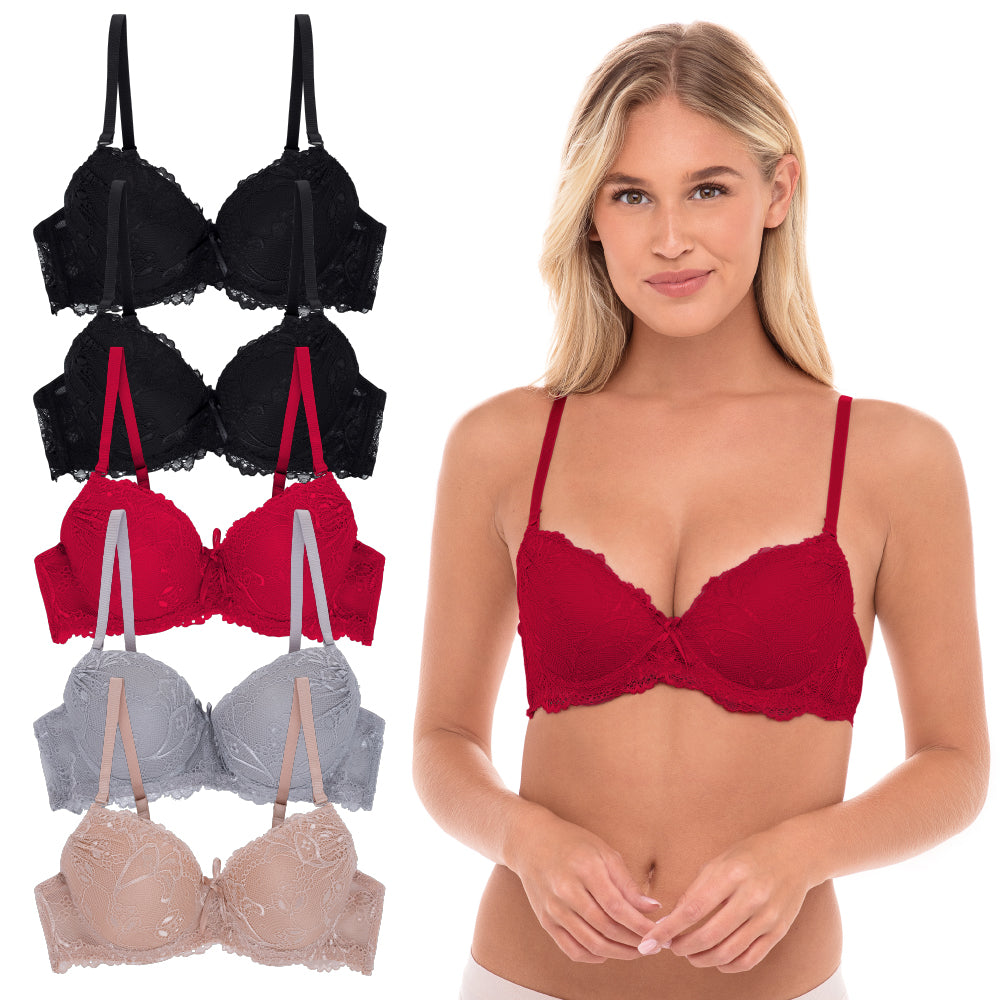 René Rofé Rene Rofe Lingerie 5 Pack Push Up Bra Red