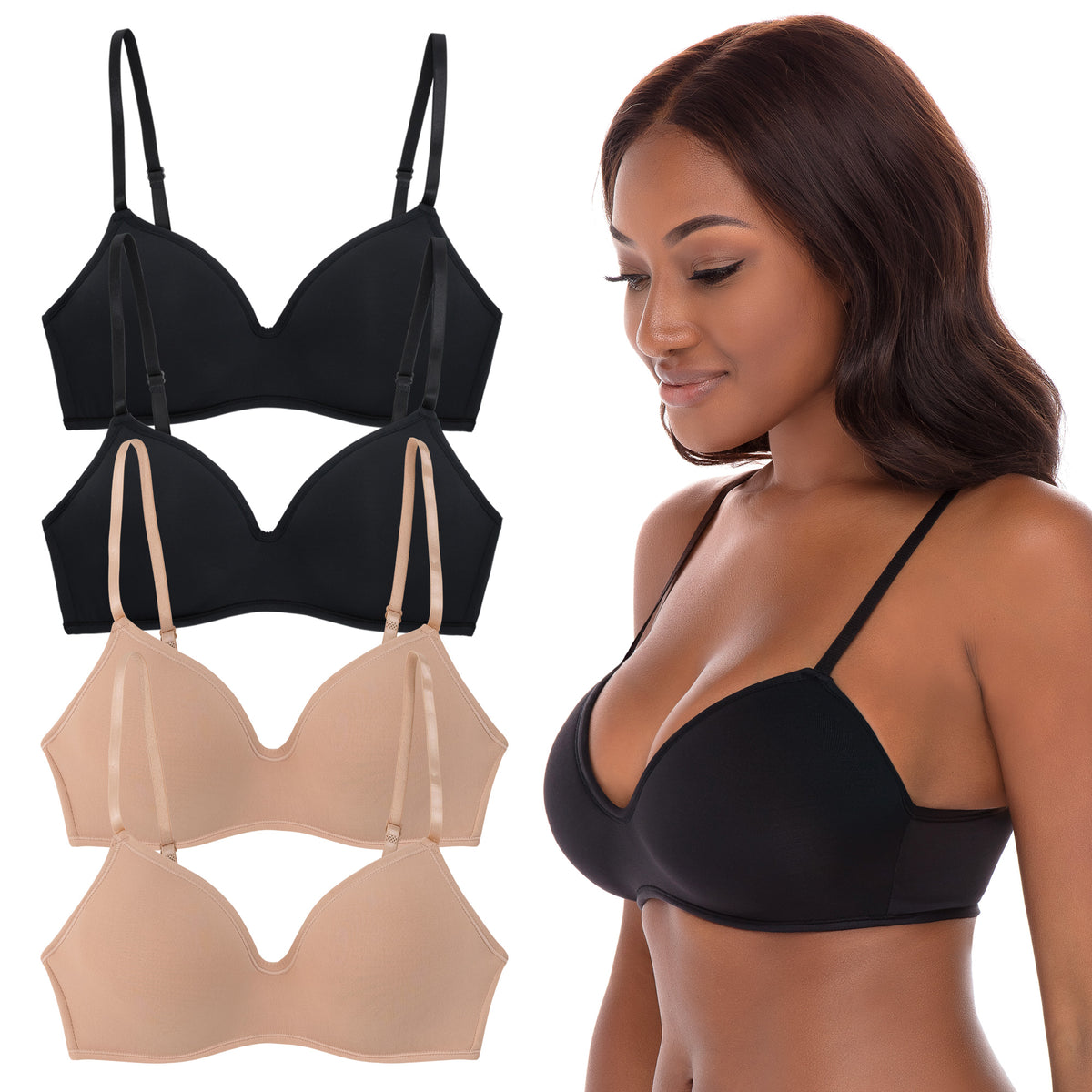 René Rofé 4 Pack Soft Foam Wireless T Shirt Bra Black Nude