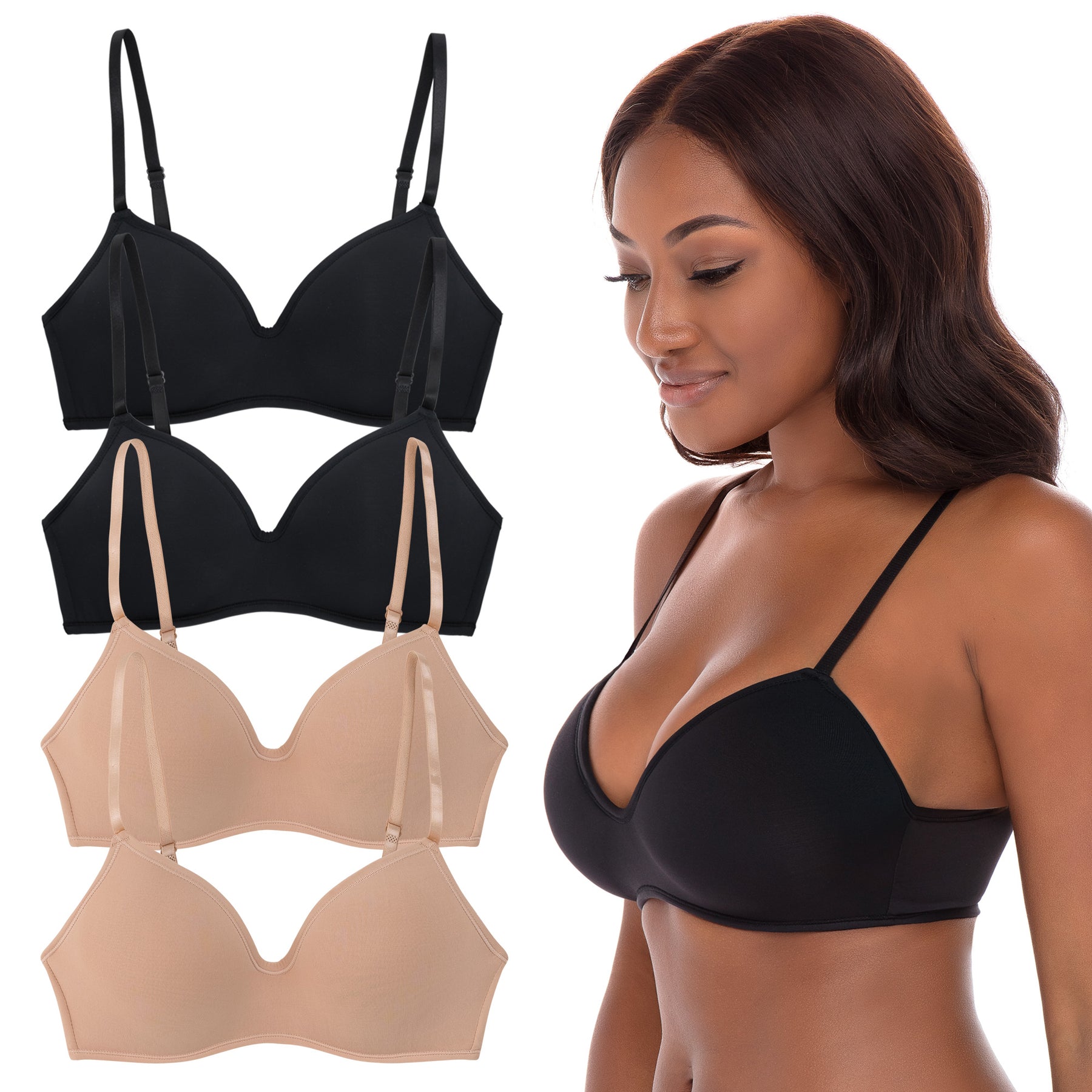 4 Pack Soft Foam Wireless T-Shirt Bra Black/Nude – René Rofé