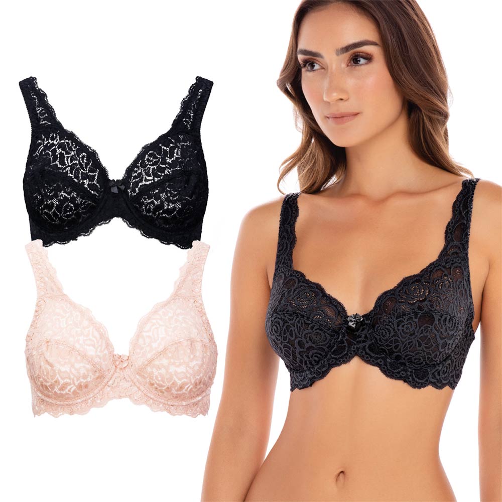 Rene ROFE (2-pieces) Lightly Padded Lace Bras 36D Black/Nude