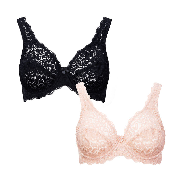 René Rofé 2 Pack Stretch Lace Unpadded Bras in Black and Beige