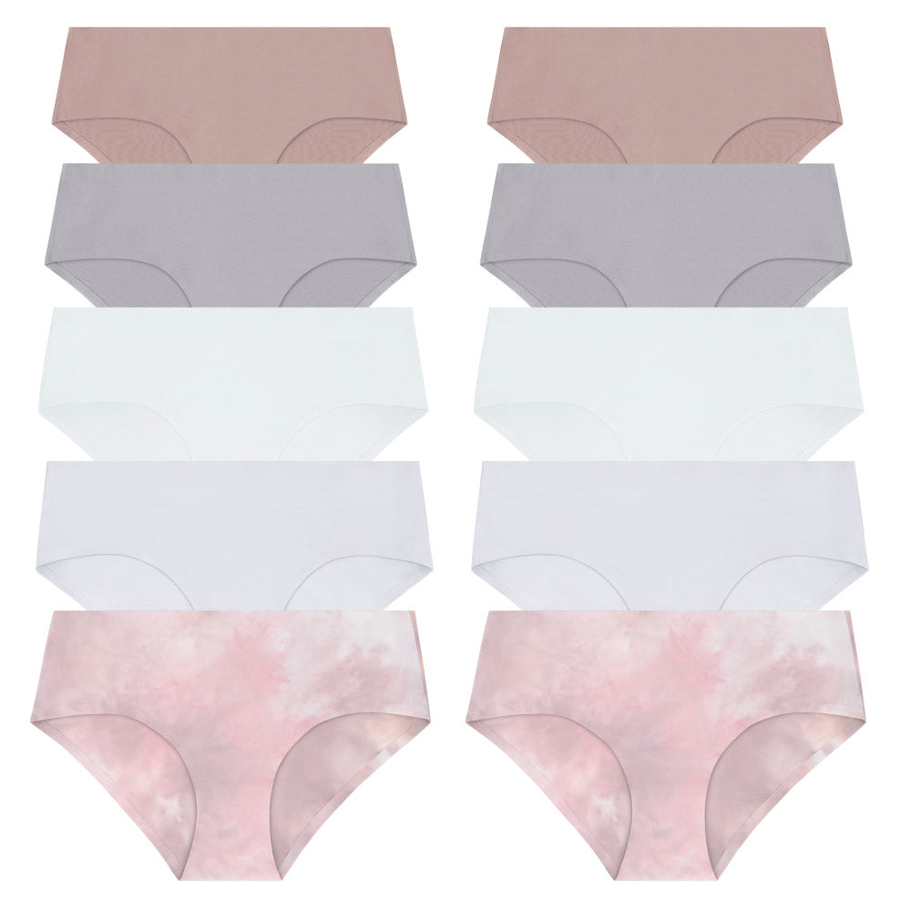 René Rofé 10 Pack No Show Hipsters with Brown, Grey, White and Pink Tie-dye Panties