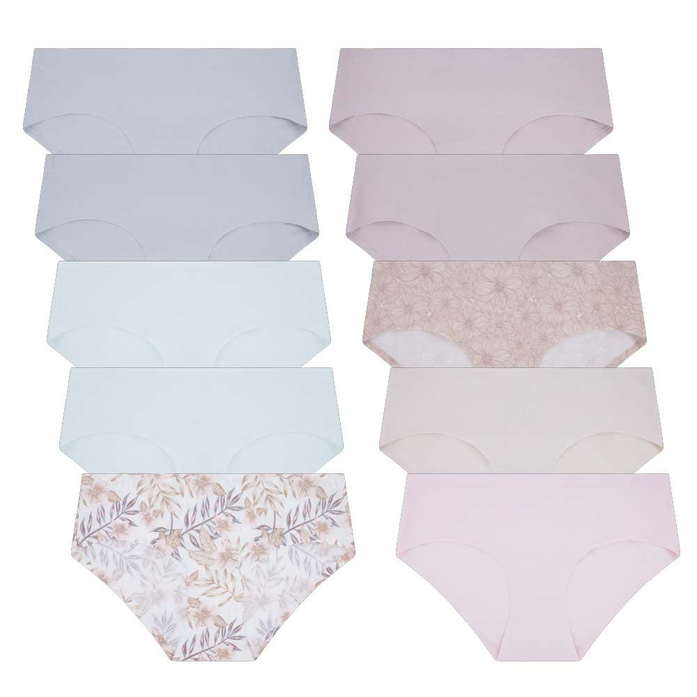 René Rofé 10 Pack No Show Hipsters with Grey, Blue, Beige and Floral Panties