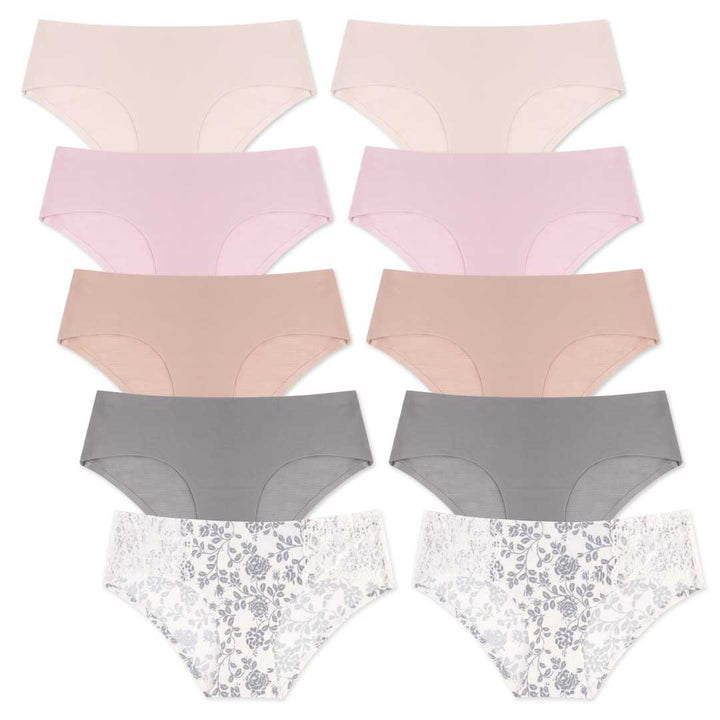 René Rofé 10 Pack No Show Hipsters with Grey Flower pattern in White, Beige, Pink and Brown Panties