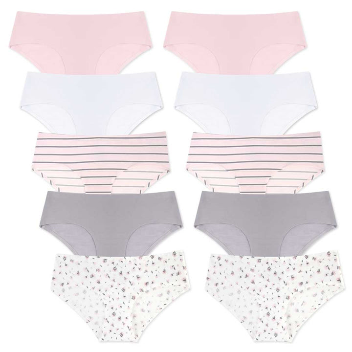 René Rofé 10 Pack No Show Hipsters with Grey Flowers, Stripes, Grey, White and Pink Panties