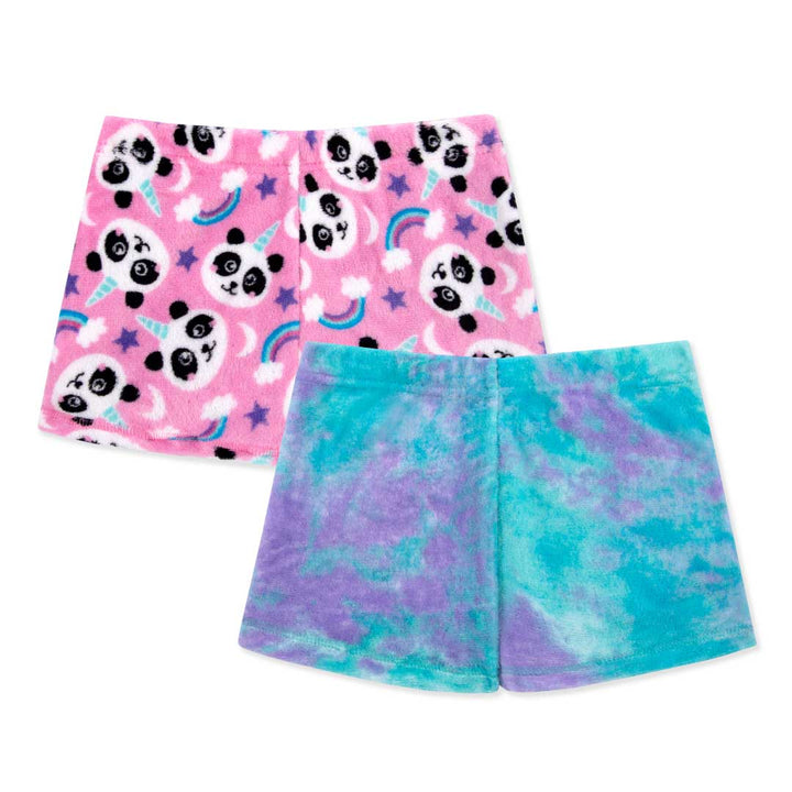 René Rofé 2 Pack Girls Fleece Pajama Shorts Set in Blue Tie Dye and Pink Pandas Print