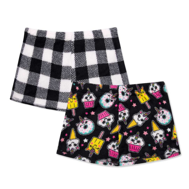 René Rofé 2 Pack Girls Fleece Pajama Shorts in Checkered and Sweet Treats Print
