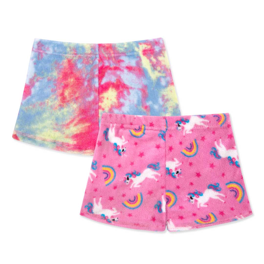 René Rofé 2 Pack Girls Fleece Pajama Shorts in Pink Tie Dye and Unicorn Print