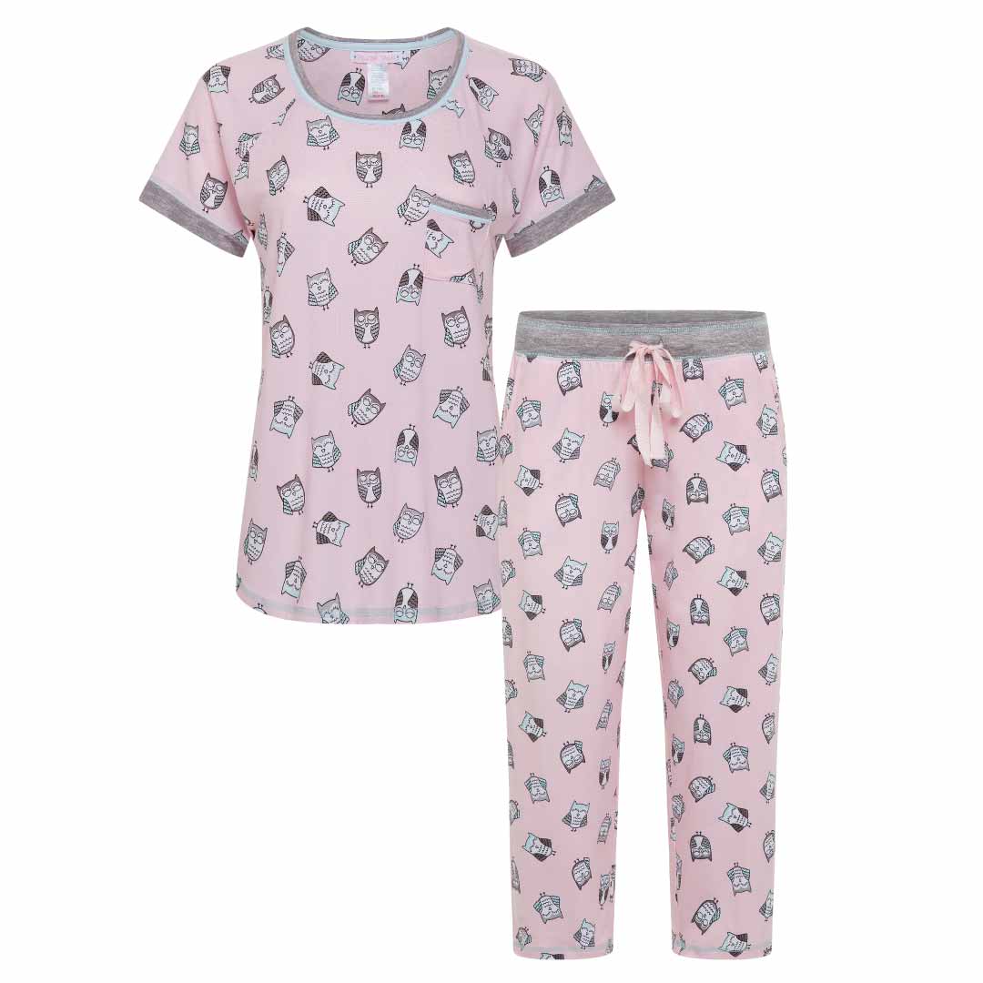 Pink Owl patterned T-Shirt and Pants as a part of the René Rofé 2 Pack Polysuede Yummy Butter Soft Capri Set