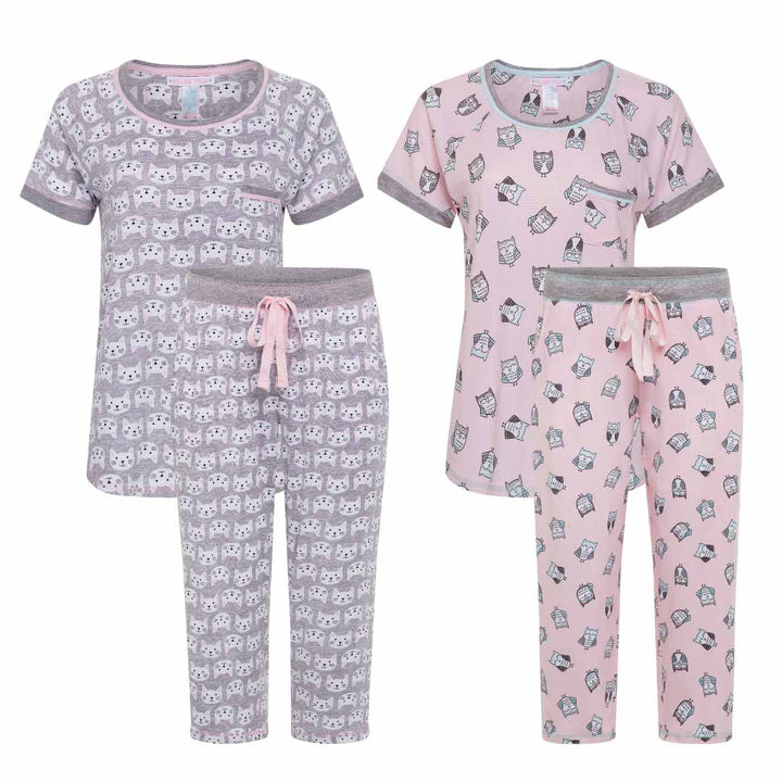 René Rofé 2 Pack Polysuede Yummy Butter Soft Capri Set in Cats and Pink Owl print