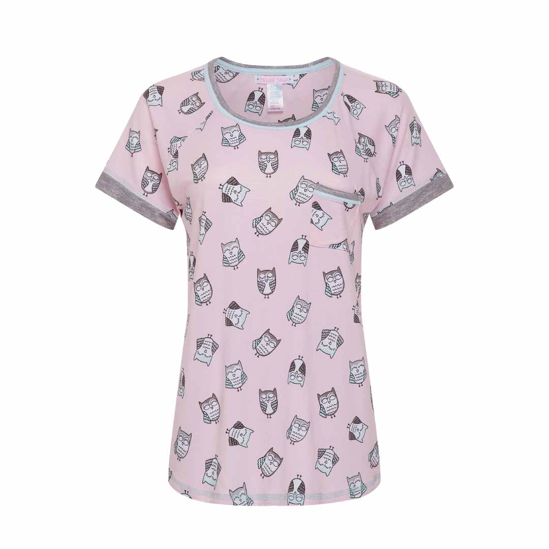 Pink Owl patterned T-Shirt as a part of the René Rofé 2 Pack Polysuede Yummy Butter Soft Capri Set
