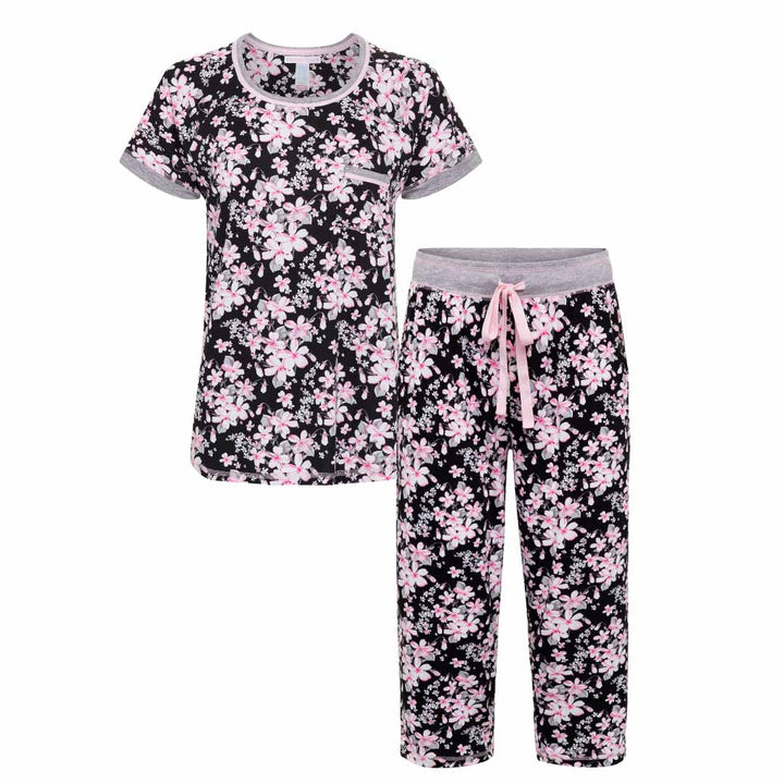 Floral patterned T-Shirt and Pants as a part of the René Rofé 2 Pack Polysuede Yummy Butter Soft Capri Set
