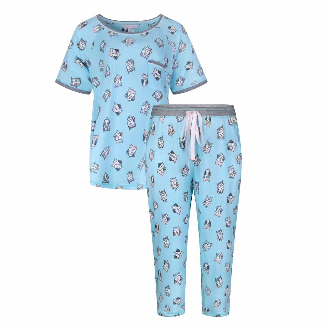 Owl patterned T-Shirt and Pants as a part of the René Rofé 2 Pack Polysuede Yummy Butter Soft Capri Set