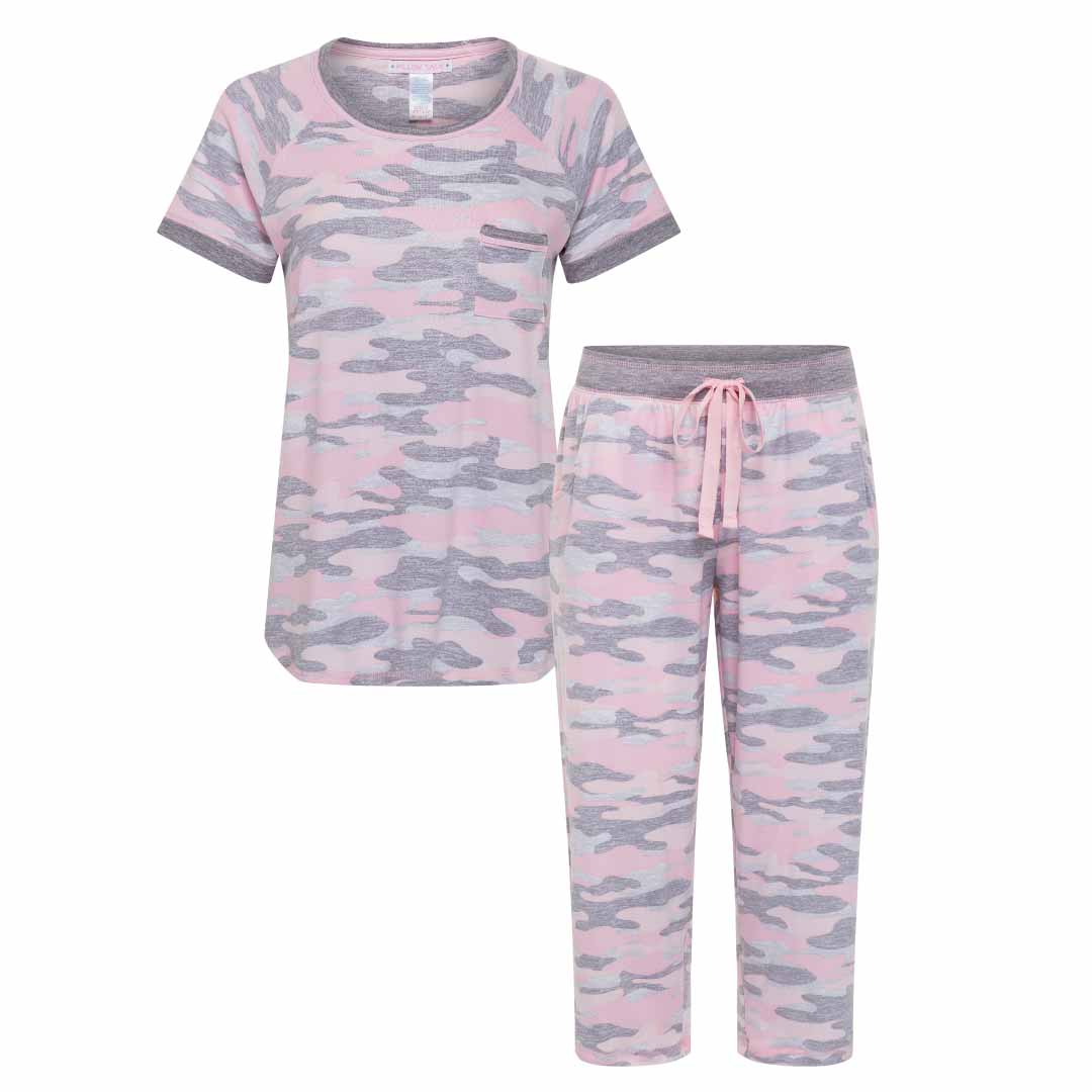 Pink Camo T-Shirt and Pants as a part of the René Rofé 2 Pack Polysuede Yummy Butter Soft Capri Set