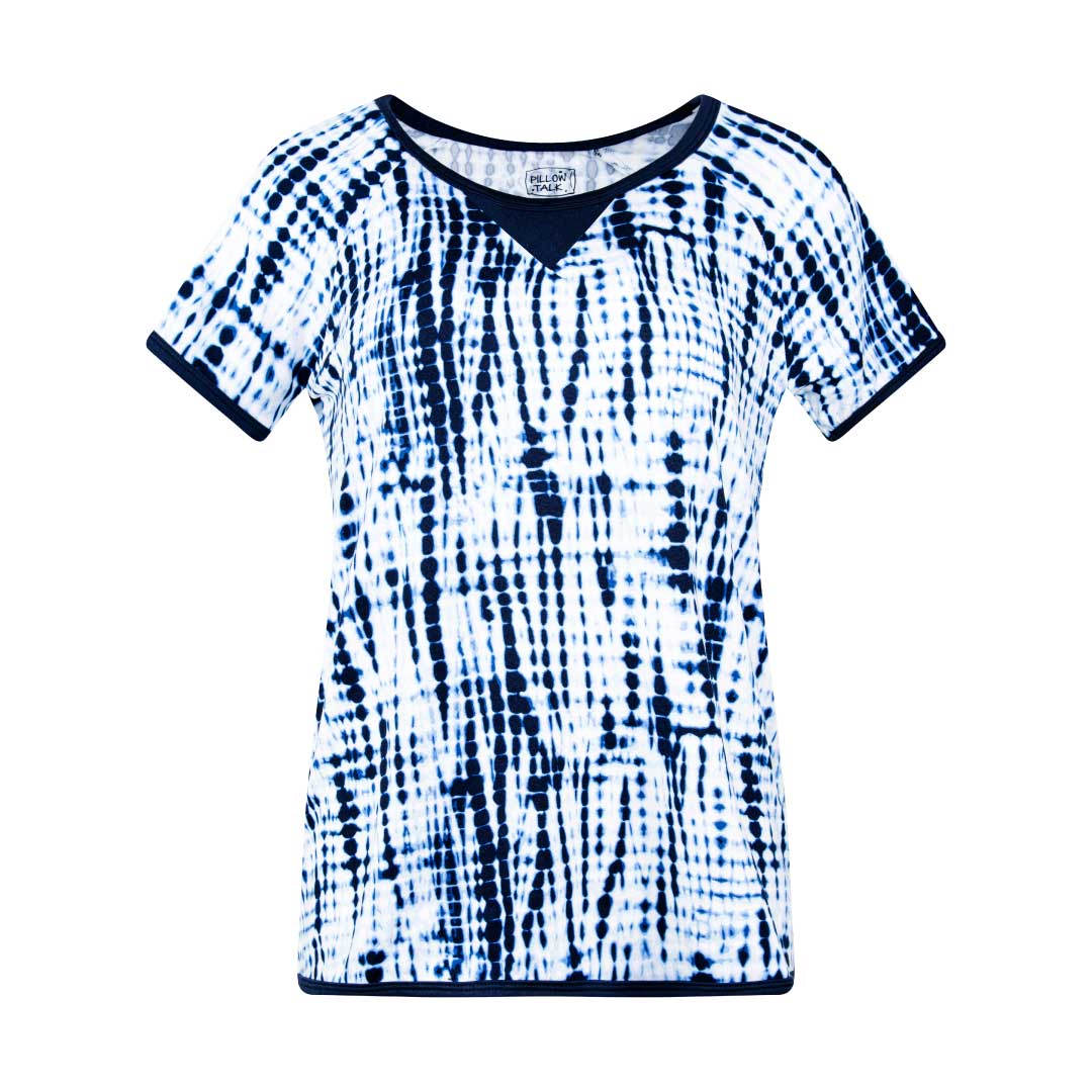 Blue Tie Dye patterned t-shirt as part of the René Rofé 2 Pack Butter Soft Pajama Short Set