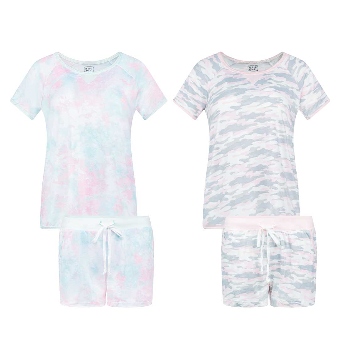 Shop the René Rofé 2 Pack Butter Soft Pajama Short Set in Pink Tie Dye and Pink Camo pattern