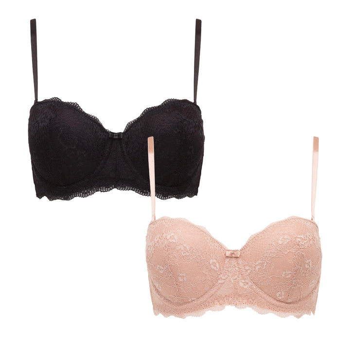 René Rofé 2 Pack Convertible Strapless Lace Light Push Up Bra in Black and Beige