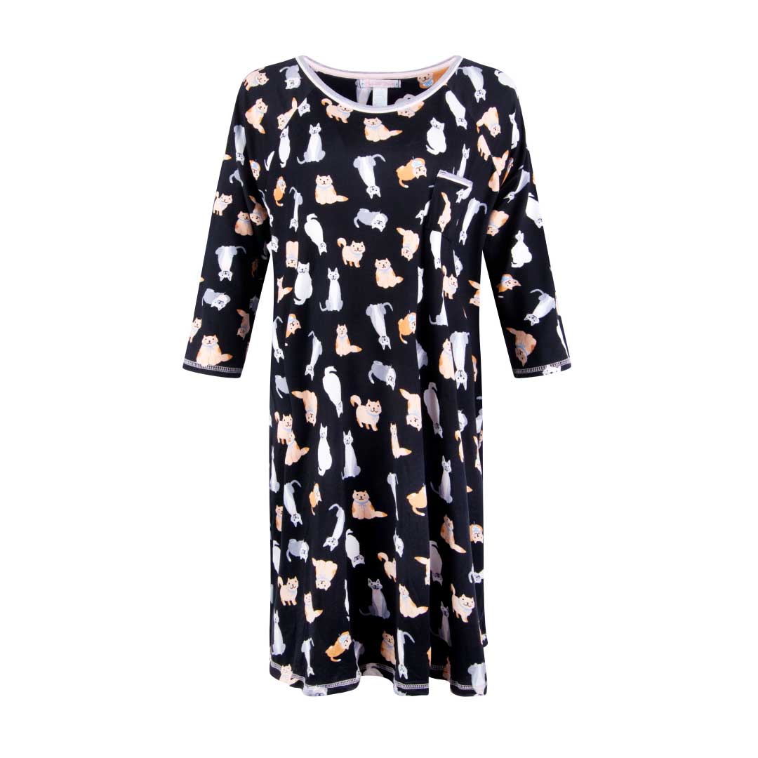 René Rofé Lightweight Night Gown - 2 Pack in Cats and Black Leopard Print Pattern