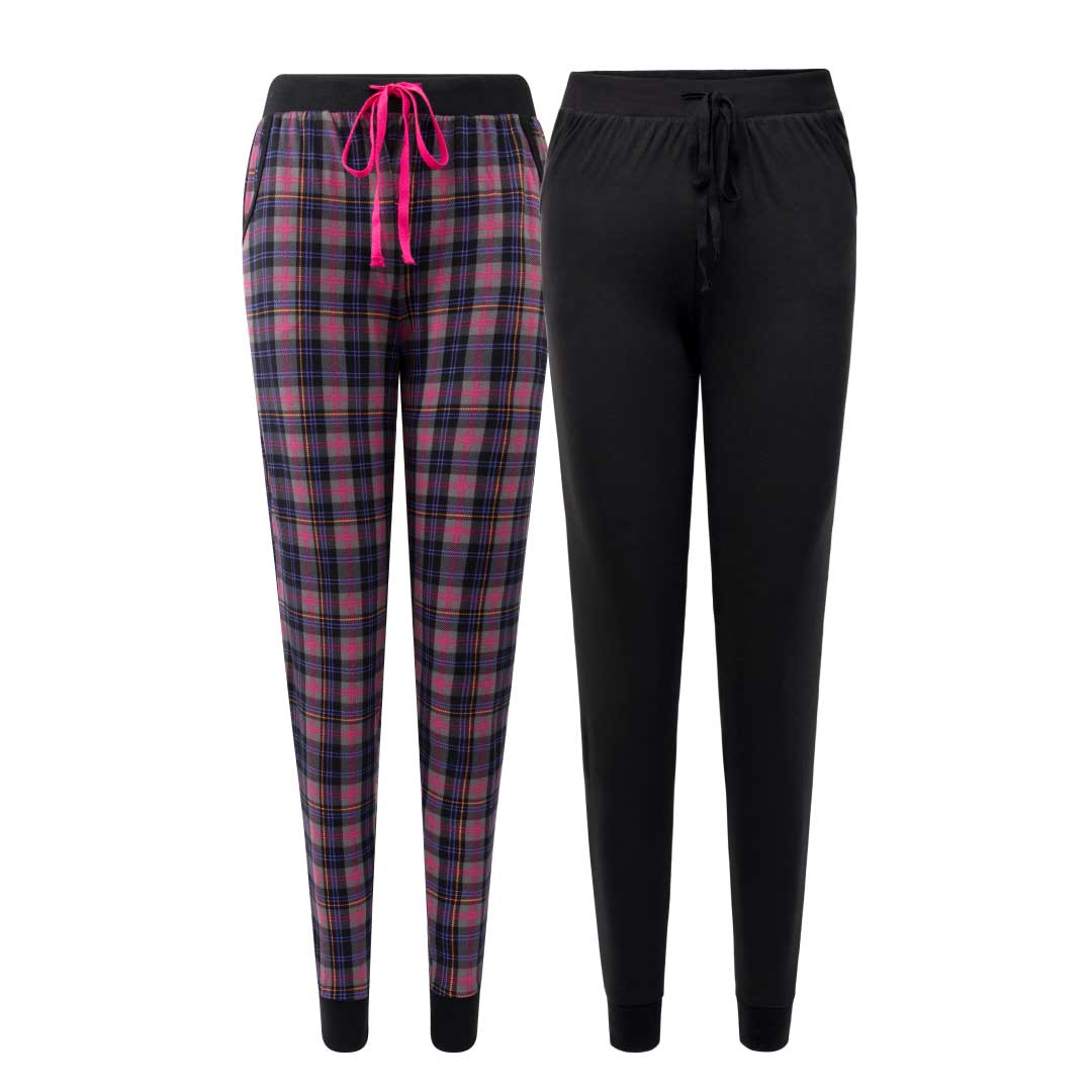 René Rofé 2 Pack Jogger Pants in Black and Pink Checkered print and Black