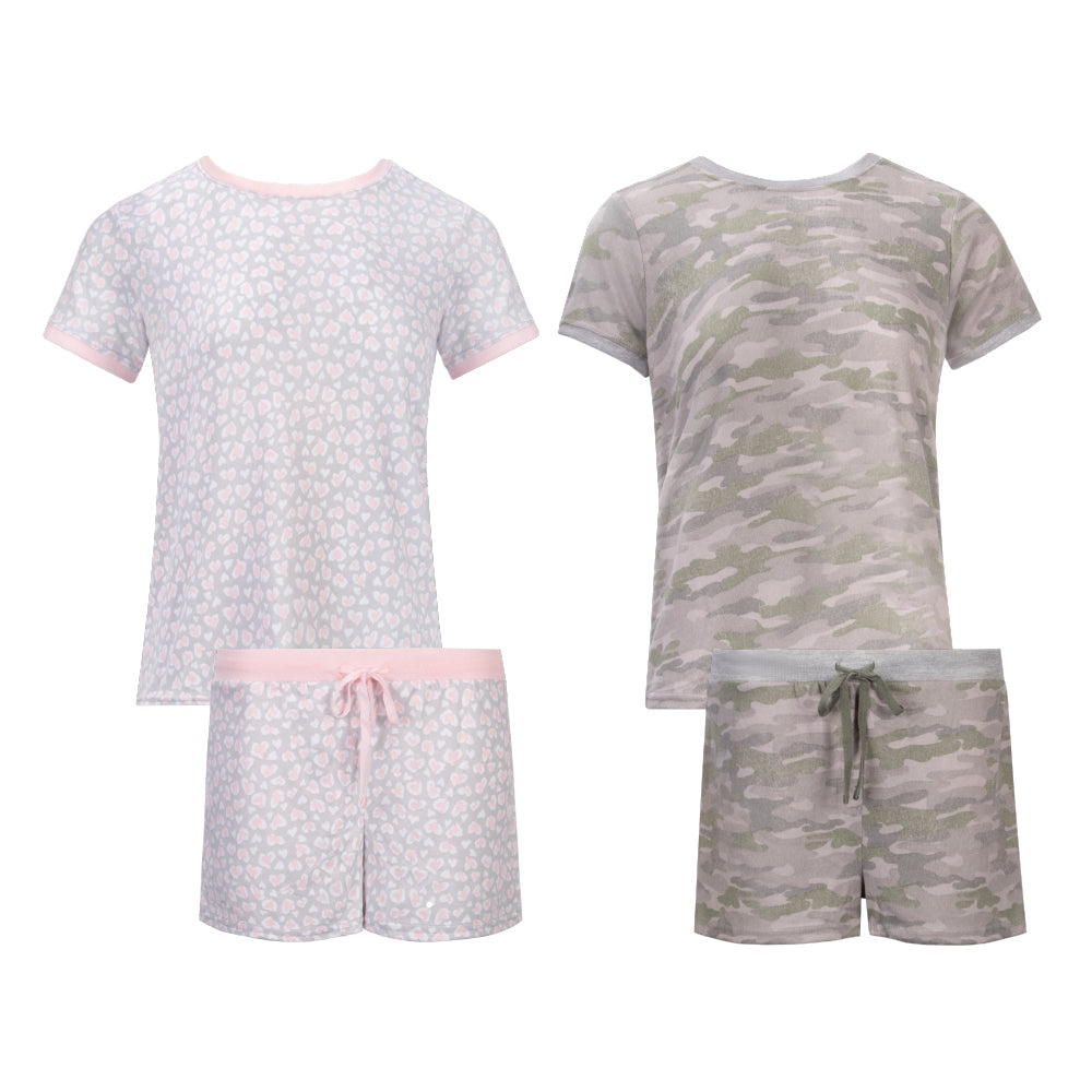 René Rofé 2 Pack Loungewear Hacci Shorts Set Pink Hearts Camo