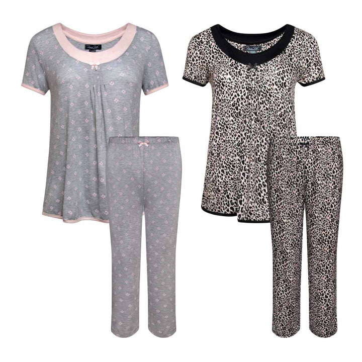 René Rofé 2 Pack Rayon Spandex Capri Set Grey Black Leopard Print