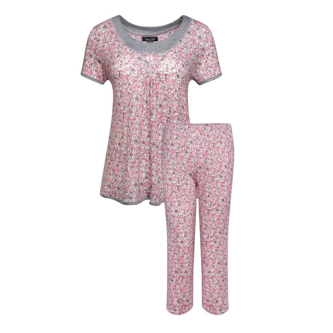 René Rofé 2 Pack Rayon Spandex Capri Set Grey Leopard Print Floral