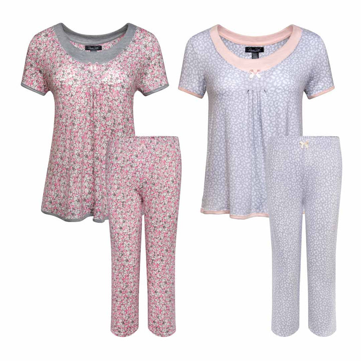 René Rofé 2 Pack Rayon Spandex Capri Set Grey Leopard Print Floral