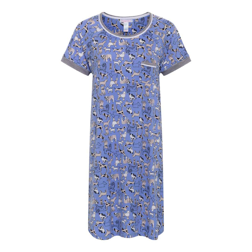 Dogs patterned blue sleep shirt as part of the René Rofé 2 Pack Soft Lightweight Sleep Shirt in Blue Stars and Dogs pattern