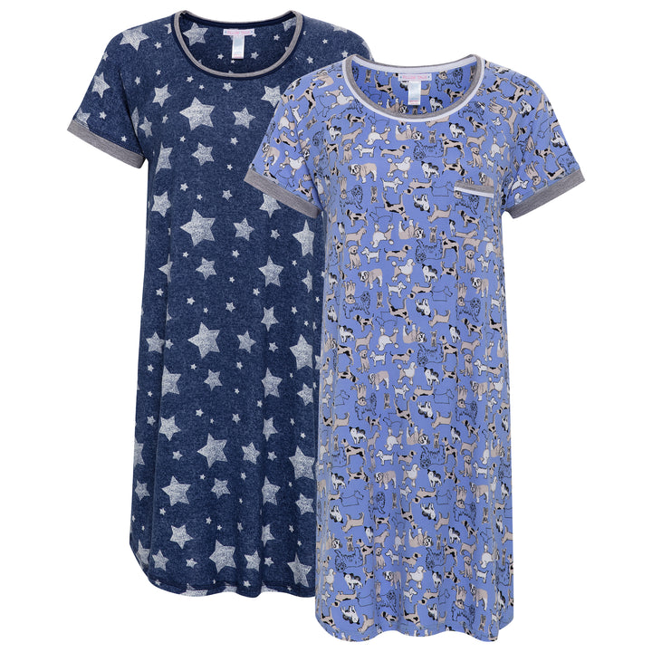 Shop the René Rofé 2 Pack Soft Lightweight Sleep Shirt in Blue Stars and Dogs pattern