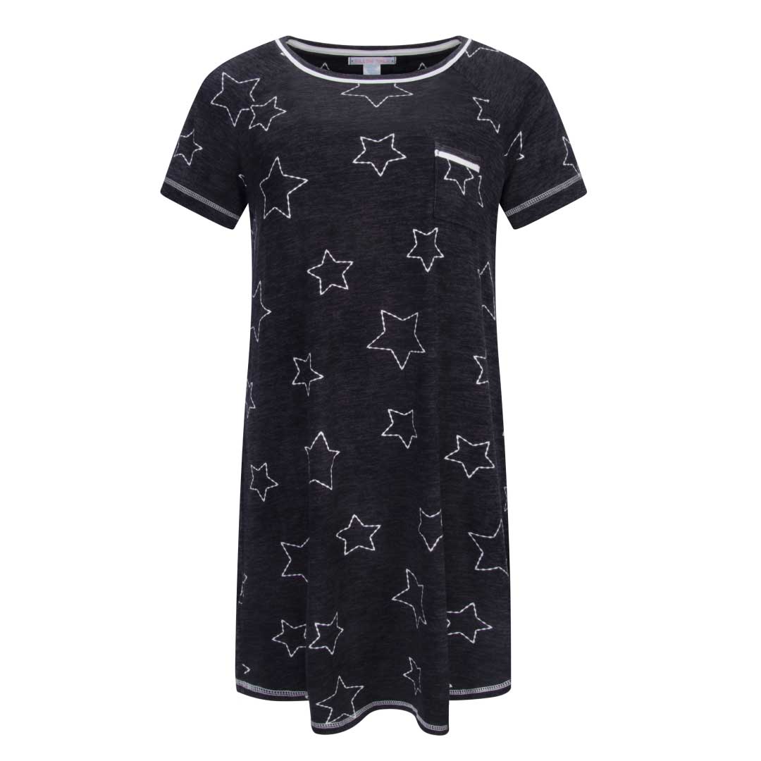 Stars patterned black sleep shirt as part of the René Rofé 2 Pack Soft Lightweight Sleep Shirt in Owls and Stars pattern